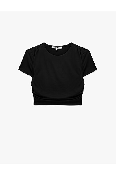 Koton Drape Detailed Slim Fit Crew Neck Short Sleeve Crop T-Shirt