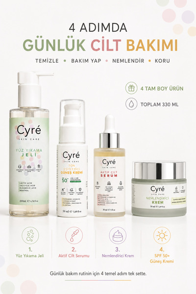 4’lü Cilt Bakım Seti | Temizleyici + Serum + Nemlendirici + SPF 50+ Güneş Kremi