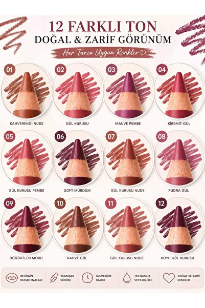 VitaMood Yaşam 12-Piece Professional Lip Liner Set: Nude, Pink, Rose, Dusty R...