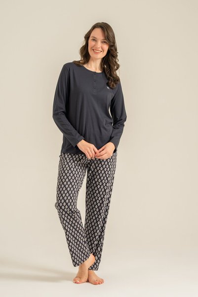 Arnetta Women's Embroidered Anthracite Long Sleeve Pajama Set Ar3749-S-V1