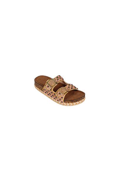 Pienn Women's Asymmetrical Bead and Pearl Embellished Double Buckle Straw Det...
