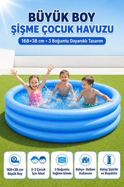 TRENDZONE Büyük Boy Şişme Çocuk Havuzu 168×38 cm – 3 Boğumlu Yuvarlak Bahçe v...