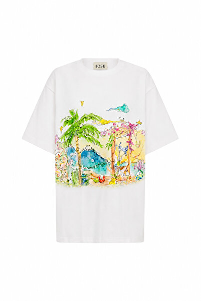 White Hand Painted Oversize Cut Short Sleeve Printed Design T-shirt