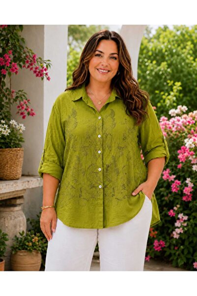 Butik Şans Women's Oversize Italian Cotton Shirt with Embroidery Detail