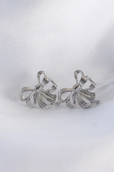 ARMÜZ Brass Silver Color Bow Earrings