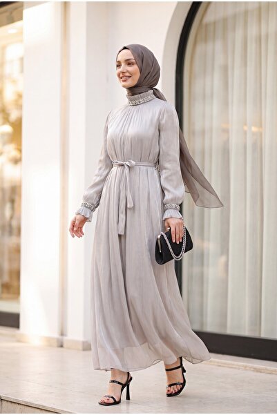 Modamorfo Balloon Sleeve Janjan Chiffon Evening Dress with Stone Collar and S...