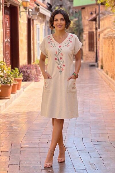 Nevin Kaya Moda Cream Spring Flowers Embroidered Linen Dress