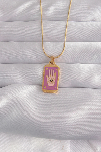 ARMÜZ 316L Steel Gold Color Purple Enameled Hand Figure Tarot Necklace