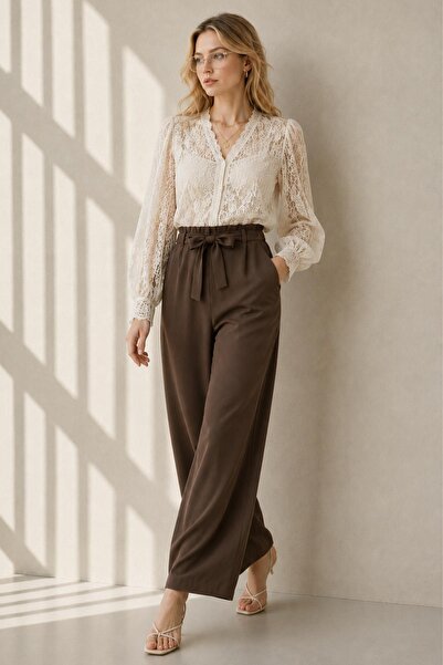 AFVENTE Luna Belted Wide Leg Trousers Navy Blue