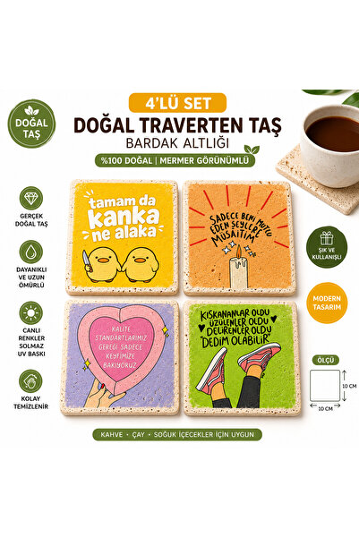 kids town 4'lü Doğal Traverten Taş Bardak Altlığı Seti – Komik Yazılı Kare Ba...
