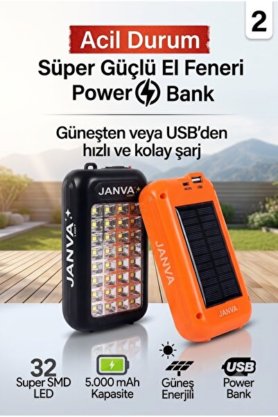 Janva İki Kademeli Powerbank Özellikli Solar Güneş Enerjili Şarjlı Ledli Kamp...