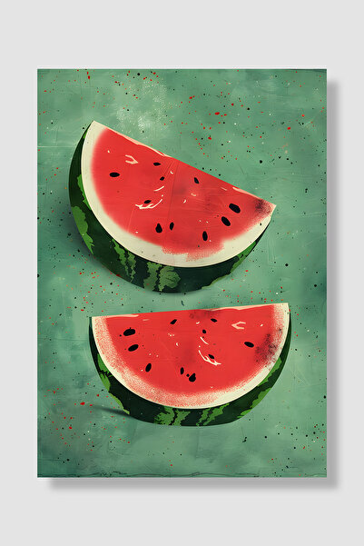 Luna Marissa Fruit Poster Two Watermelon Slices on Green Background Retro Ill...