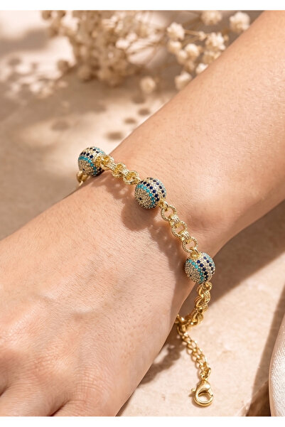 Merand Women's Gold Color Turquoise Stone Sphere Detailed Chain Bracelet Mrd-...