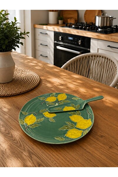 Twinkle Amalfi Garden Limon Desenli Düz Ayaksız Pasta Tabağı Yeşil 27 cm