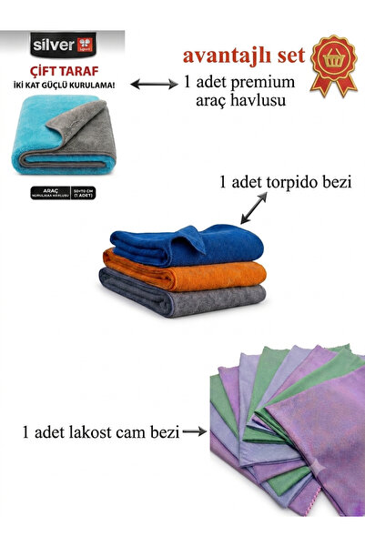 SİLVER HOME Glossify Premium 3'lü Oto Temizlik Seti - 600 GSM Süper Emici Kur...