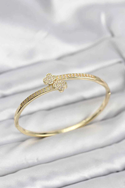ARMÜZ Brass Gold Color Zircon Stone Clover Model Women's Handcuff Bracelet