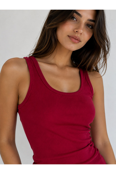 HELMİRA Kadın Kırmızı Askılı Kaşkorse Kumaş Fitilli Görünümlü Slim-Fit Basic ...