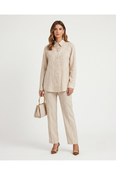 Marvella By Rasha Linen Two-Piece Set with Butterfly Embroidery