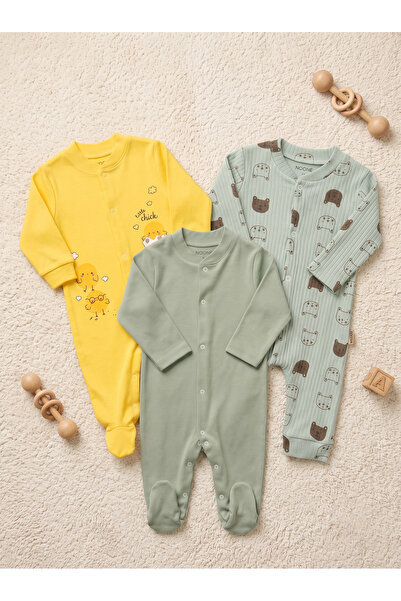 Noone Chick Patterned 3-Piece Baby Romper Set with 2 Booties and 1 Bootie-Fre...