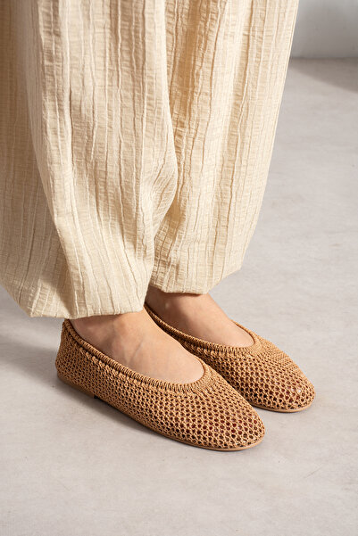 LORENN SHOES Dark Beige Knitted Knitwear Women's Ballerina Mesh Round Toe Sum...