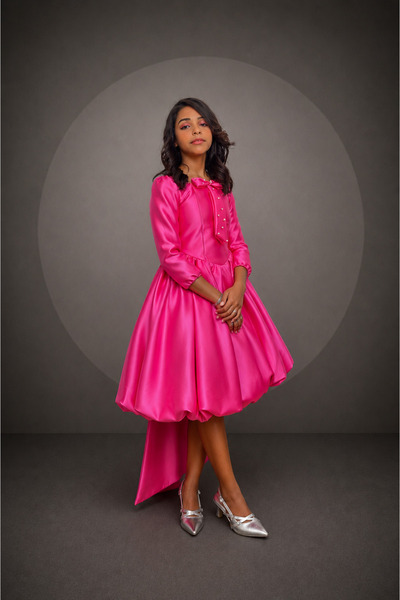 JO FASHION Girl's Fuchsia Satin Balloon Cut Dress with Back Train