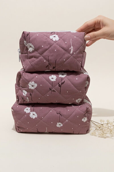 Empressco Daisy Patterned Quilted Hand and Makeup Bag Set, 3 Sizes, Stylish a...