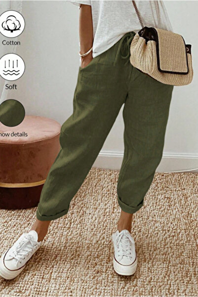COOL TARZ Women's Linen Blend Elastic Waist Lace-Up Comfortable Fit Pants
