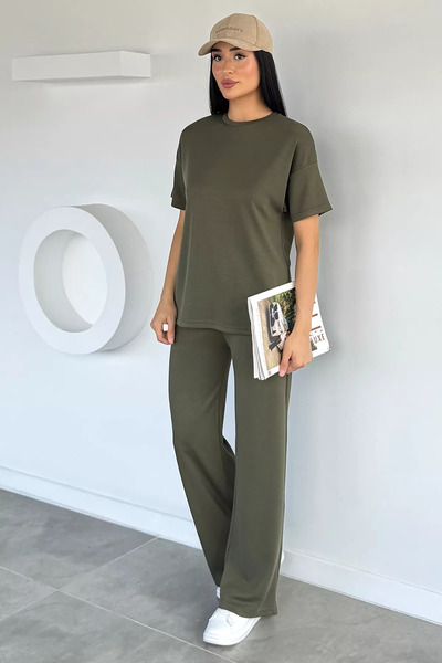 Aryena Khaki Women's Crew Neck T-Shirt and Elastic Waist Palazzo Pants Two-Pi...