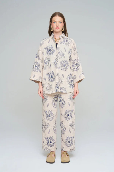 Orfeo Negro Cream Blue Large Floral Patterned Shirt & Wide Leg Pants Set