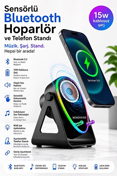 NZB Sensörlü Bluetooth Hoparlör Telefon Standı RGB Işıklı Kablosuz Şarjlı Kat...