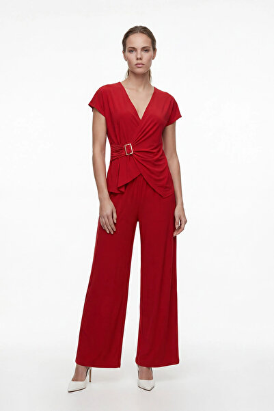 cemo Women's Buckled Double-Breasted Blouse and Wide-Leg Pants Two-Piece Set