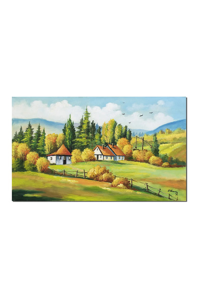 artnova Пейзажна картина със селски къщи и фонтан с калебаска, ръчно рисувана...
