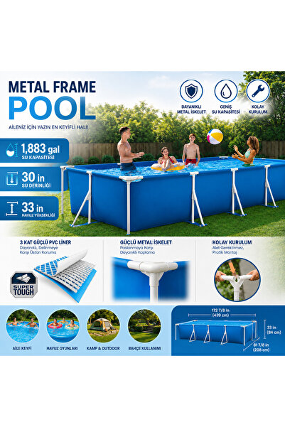 Cici Oyuncak Metal Frame Dikdörtgen Aile Havuzu 439x208x84 cm 7128 Litre Büyü...