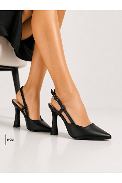 Trendline Women's Black-Cream Leather Thin Heel Shoes Sitiletto