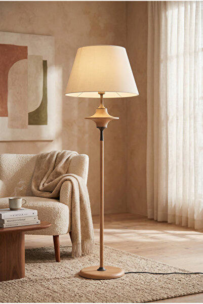 Vinner Zenith Spindle Naturel Ahşap Lambader | Modern Mid-Century Krem Kumaş ...