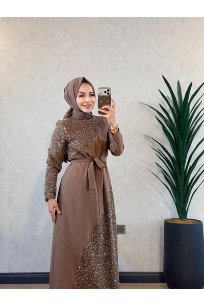 Aişe modaa 3727 Roba Skirt with Mesh and Sequin Pieces Dress Beige