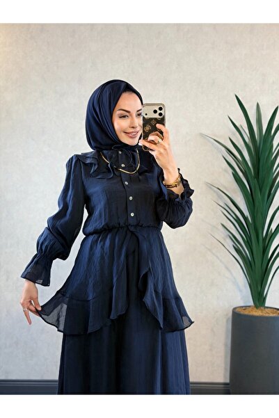 Beray 93009 فستان ذو طبقتين على الكتفين وأزرار على ياقة القميص باللون الأزرق ...