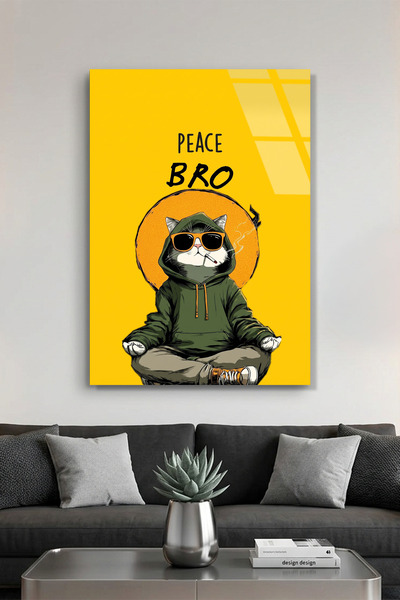 Vitraum "Peace Bro" Yazılı Yoga Yapan Gözlüklü Kapüşonlu Kedi Cam Tablo