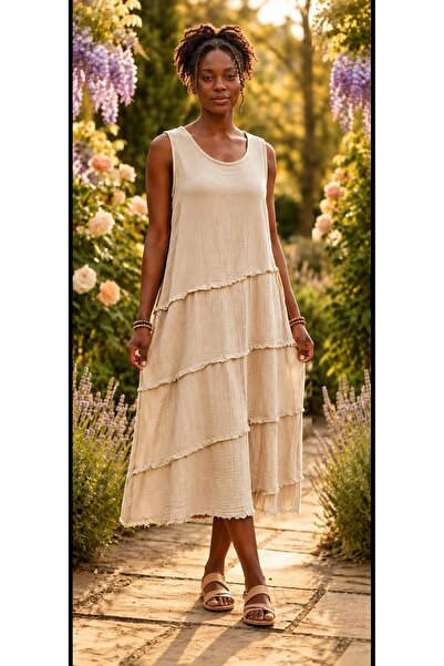 musimino moda %100 Pamuk Müslin Oversize Kolsuz Katlı Kadın Elbise – Bohem Ya...