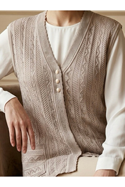 tiriTEK TRİKO Seasonal Women's Knitwear Vest with Buttons and Pockets / Sand