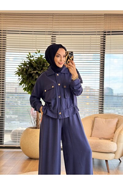 ALANURMODA 22879 طقم شارات كتف من الكتان مع جيب أمامي باللون الأزرق الداكن