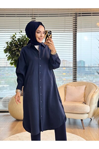 ALANURMODA 3223 Gathered Sleeve Midi Length Shirt Navy Blue