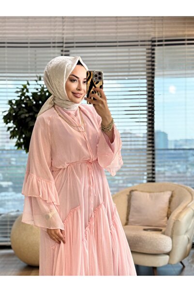 ALANURMODA 25133 فستان شيفون بأكمام وحافة مكشكشة باللون الوردي