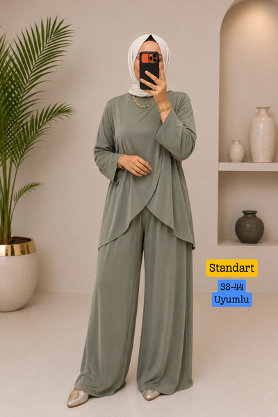 Mogi Butik Women's Modal Cupra Fabric Asymmetrical Cut Hijab Suit 3212 Khaki ...