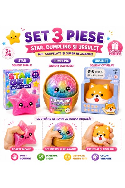 Squishy Комплект от 3 интерактивни играчки за деца: Звезда, Кнедла, Плюшено м...