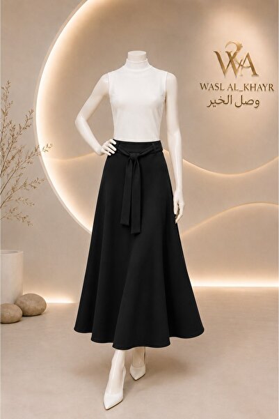 WASL ALKHAIR Women's A-Line Long Skirt with Tie Belt - Elegant Solid Design -...