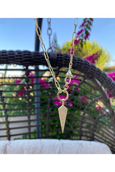Bade Jewelry Fd Gold Paperclip Chain with Stone Triangle End Detail Modern Ta...