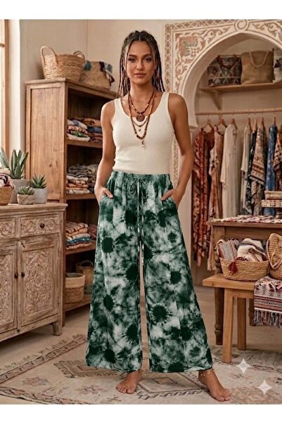 AYASOFYA OTANTIK Women's Multi-Colored Wide-Legged 100% Viscose Trousers with...