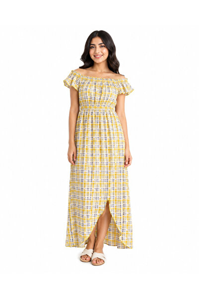 Generic Women's Plaid Off Shoulder Side Slit Maxi Dress