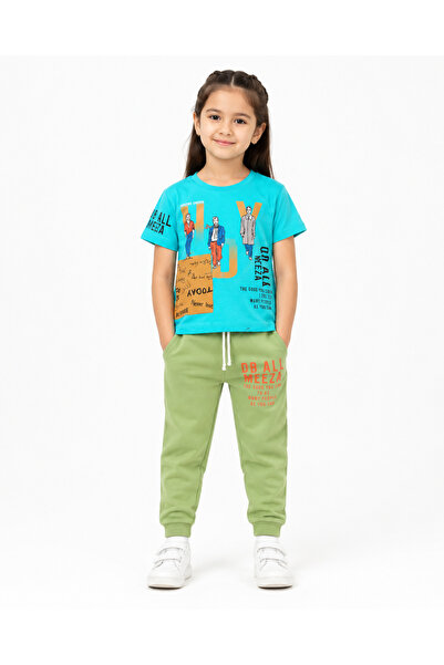 MADE Girls Casual Set Turquoise T-Shirt Green Trousers Size 6Y